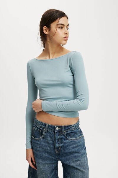 Staple Rib Boat Neck Long Sleeve Top, SKYFALL