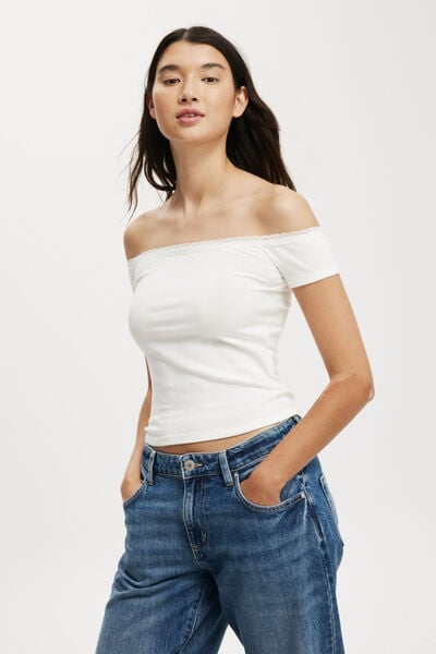 Sasha Lace Trim Off The Shoulder Top, VINTAGE WHITE