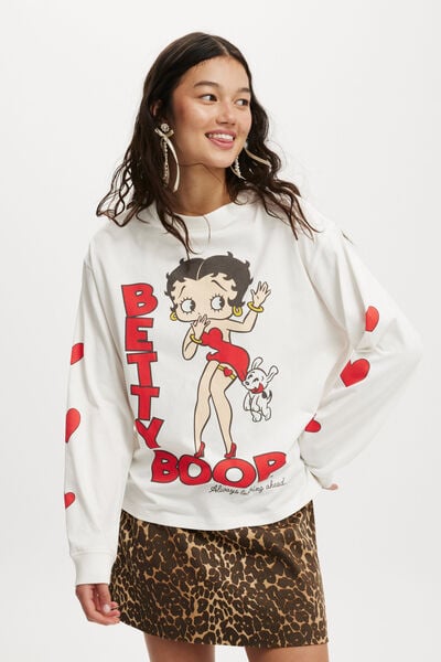 License Oversized Long Sleeve Tee, LCN BBP BETTY BOOP OOPS/VINTAGE WHITE