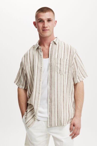 Linen Short Sleeve Shirt, CREAM STRIPE