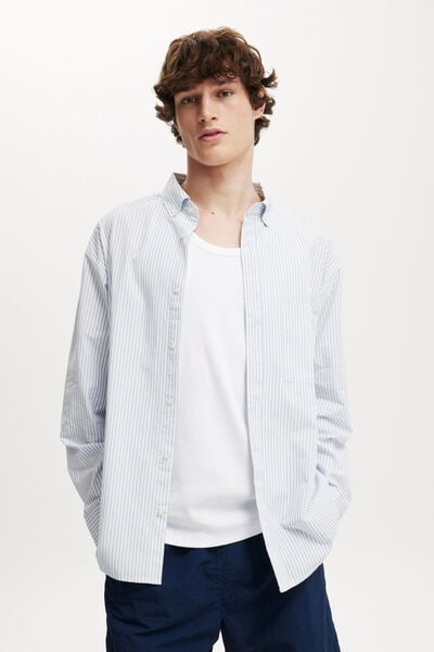 Oversized Long Sleeve Shirt, SKY WHITE STRIPE