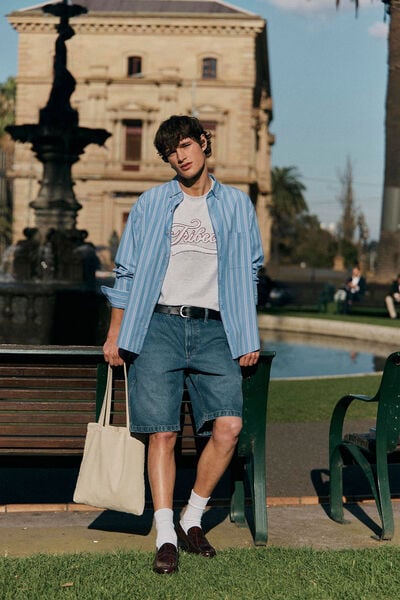 Oversized Long Sleeve Shirt, CORNFLOUR WHITE STRIPE